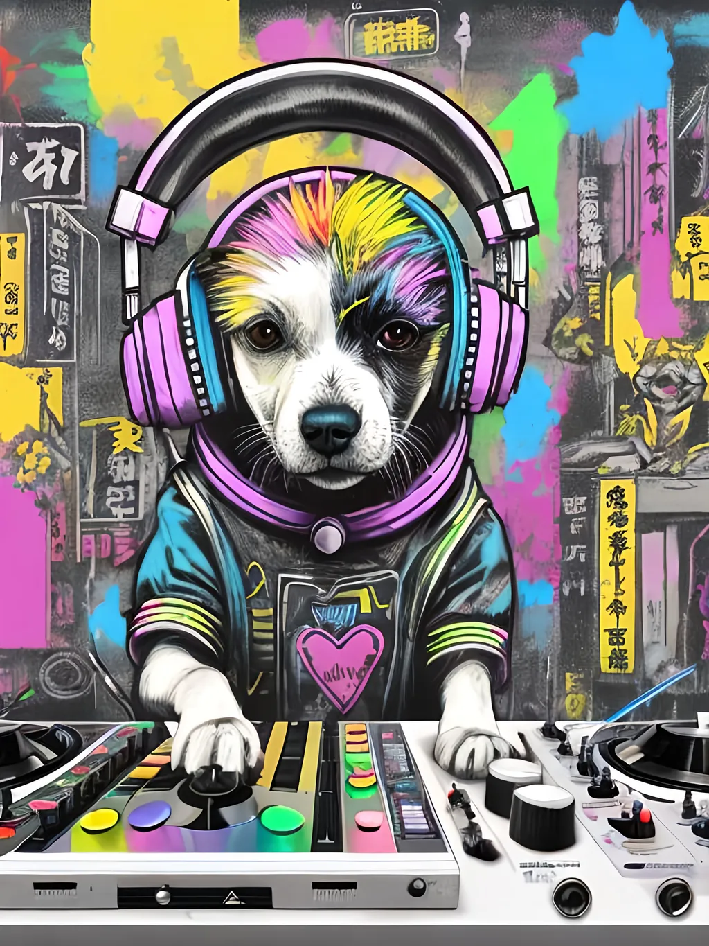 Prompt: pop art chalk pastel art of detailed dog DJing in cyberpunk Japan, sketch, detailed background, highres, fun atmosphere, natural lighting,  abstract, fun