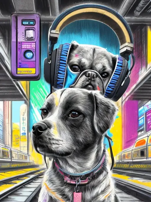 Prompt: pop art chalk pastel art of a detailed dog listening to music on the subway train in cyberpunk japan with planes in the background, sketch, detailed background, highres, fun atmosphere, natural lighting,  abstract, fun