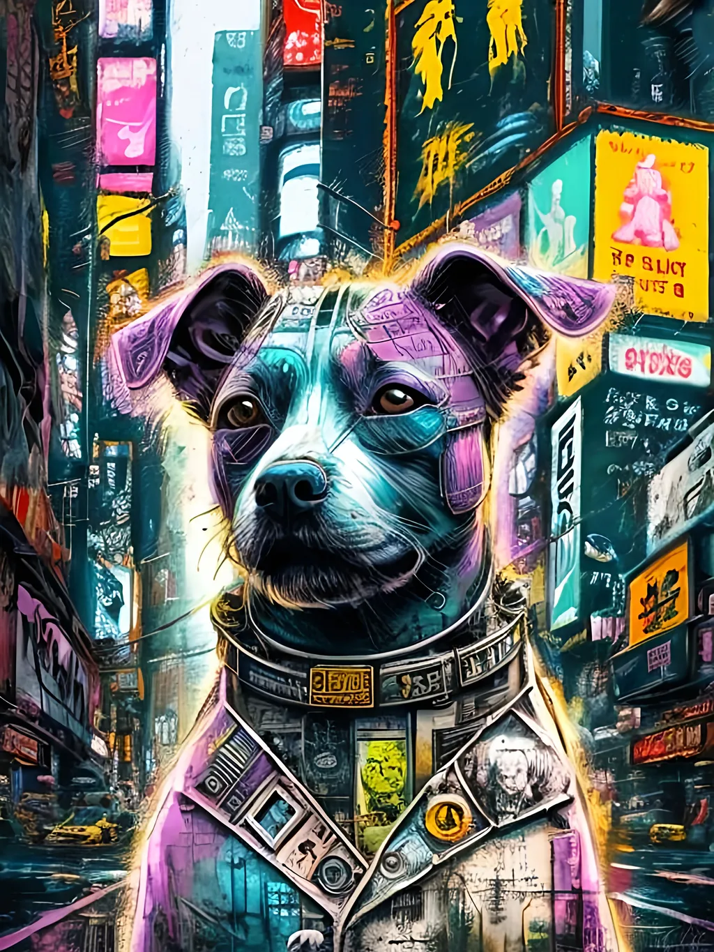 Prompt: chalk pastel style of a  detailed dog stoned in cyberpunk times square, sketch, detailed background, highres, fun atmosphere, natural lighting,  abstract, fun