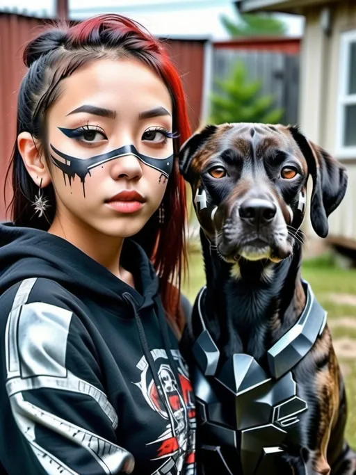 Prompt: mountain cur all black dog cyber punk ninja with half korean half redneck girl