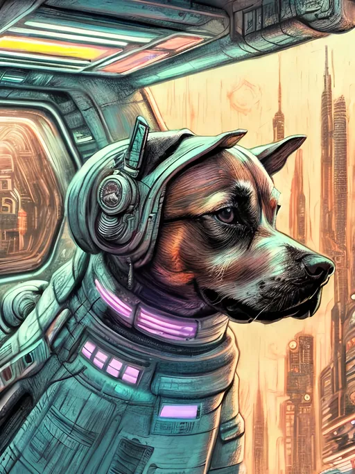 Prompt: chalk pastel style of a  detailed dog in a cyberpunk spaceship, sketch, detailed background, highres, fun atmosphere, natural lighting,  abstract, fun