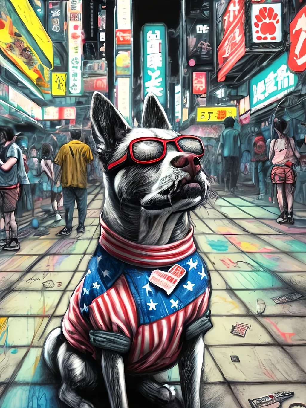 Prompt: pop art chalk pastel art of detailed dog wearing USA clothes playing in the streets in cyberpunk japan during a festival, sketch, detailed background, highres, fun atmosphere, natural lighting,  abstract, fun