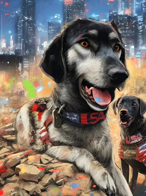 Prompt: a detailed mountain cur black dog wearing usa clothes at a city rally in cyberpunk japan, pop art chalk pastel, detailed background, high res, fun