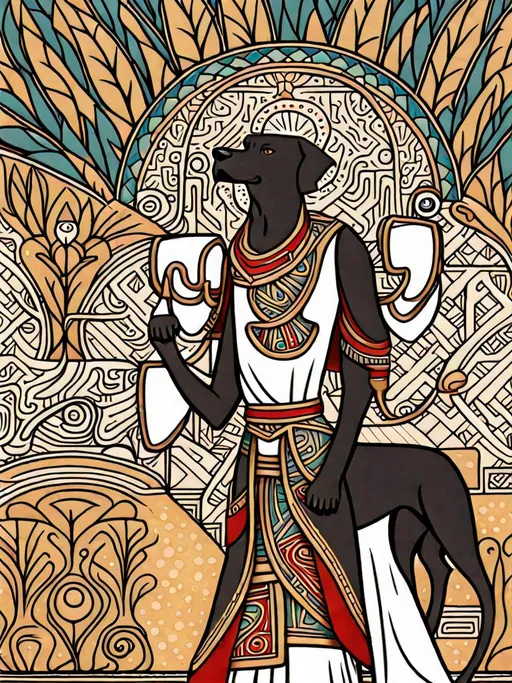 Prompt: black dog in egyptian clothing Art Nouveau style 