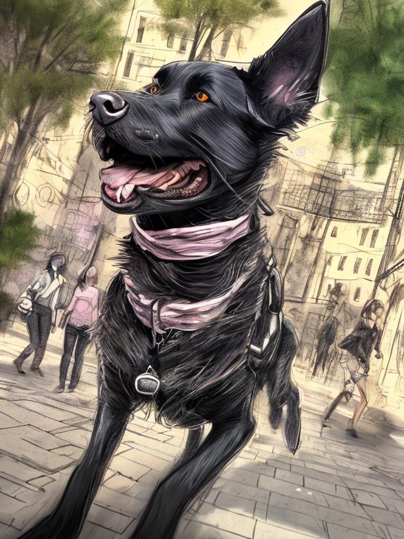 Prompt: a black dog wearing clothes having fun in the streets, sketch, detailed background, highres, fun atmosphere, natural lighting, pastel colors