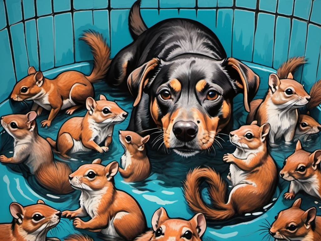 Prompt: a detailed dog drowning in a pool of squirrels, pop art chalk pastel, sketch, grunge, highres