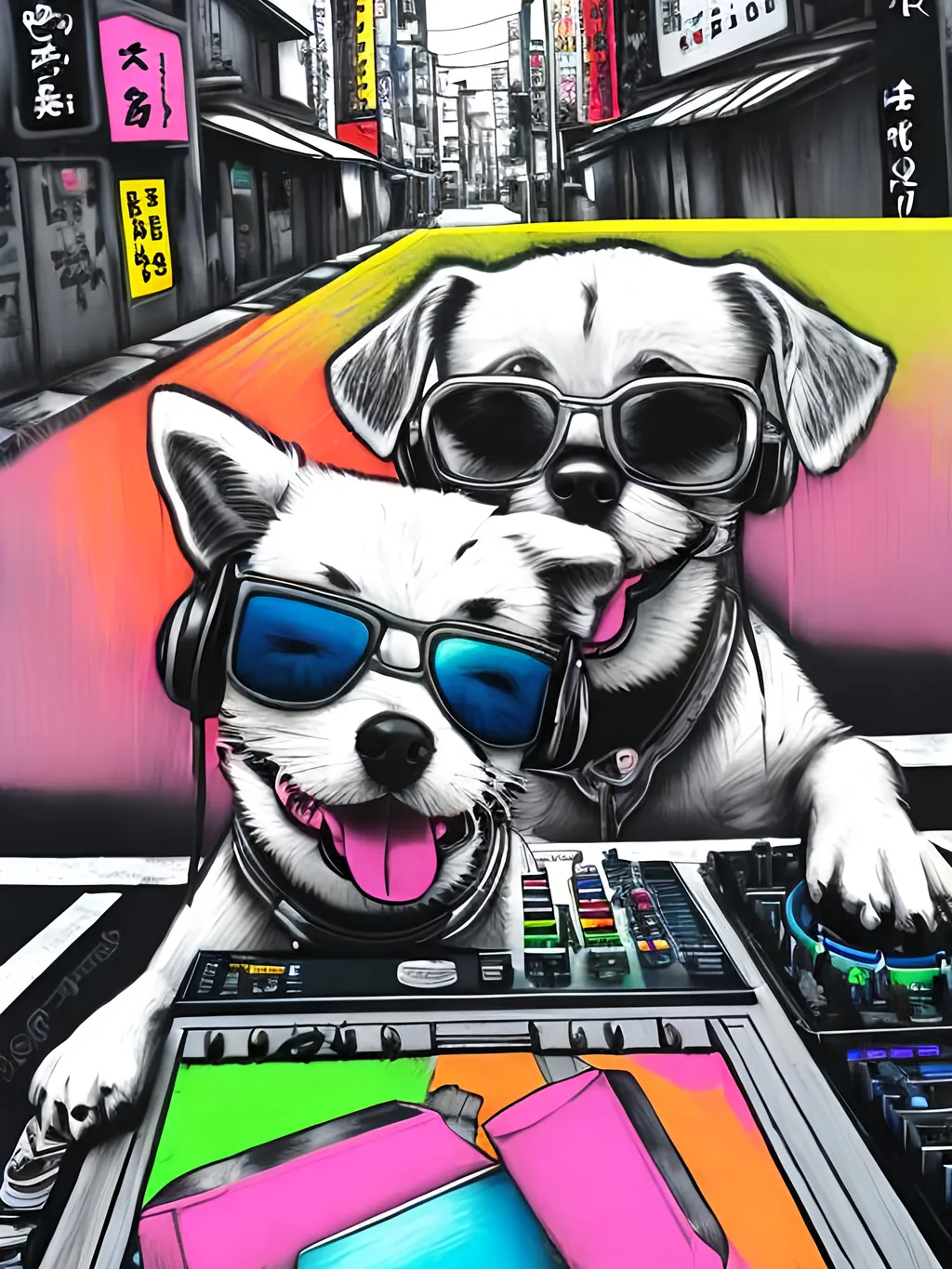 Prompt: pop art chalk pastel art of detailed dog DJing in the streets in Japan, sketch, detailed background, highres, fun atmosphere, natural lighting,  abstract, fun