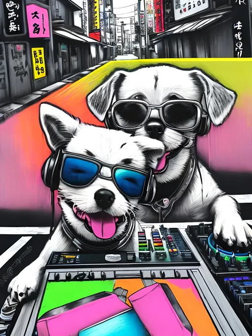 Prompt: pop art chalk pastel art of detailed dog DJing in the streets in Japan, sketch, detailed background, highres, fun atmosphere, natural lighting,  abstract, fun