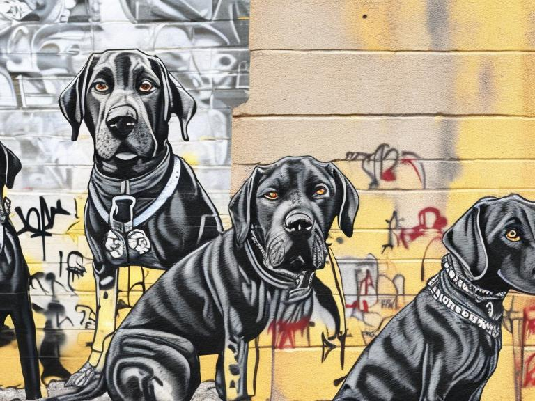 Prompt: mountain cur black dogs in gangster clothing graffiti