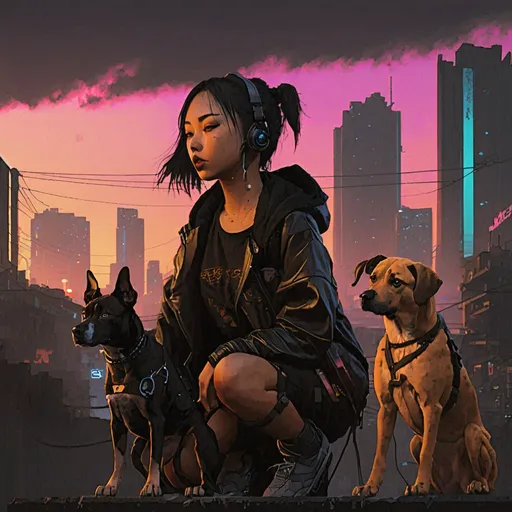 Prompt: sunset cyberpunk city with dogs black mountain cur and asian girl
