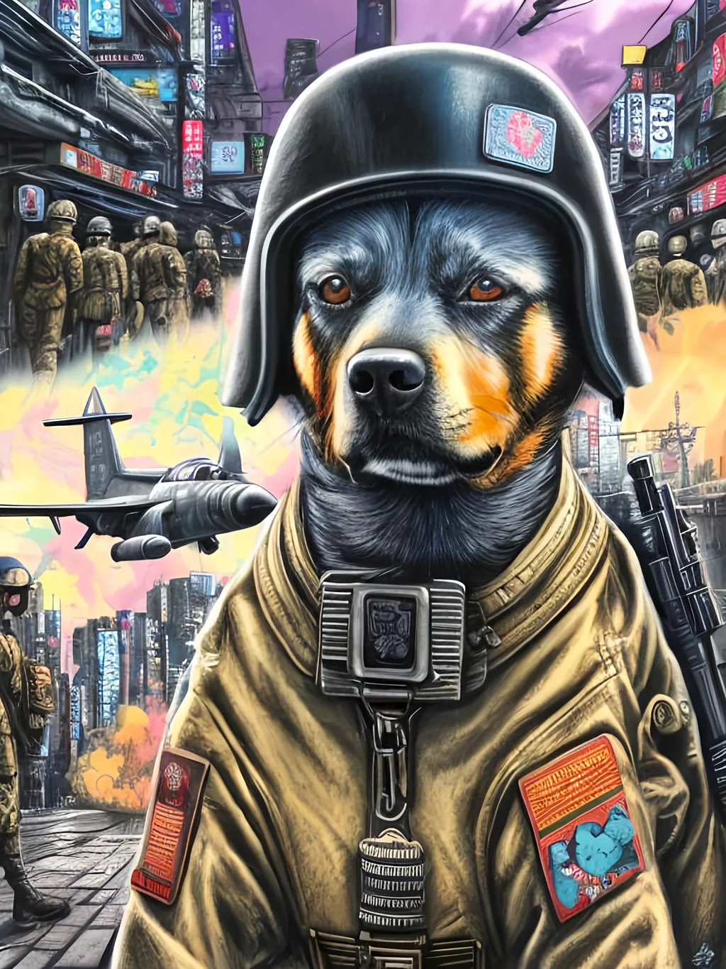 Prompt: pop art chalk pastel art of a detailed dog wearing a military uniform on the streets in cyberpunk japan during a festival with planes in the background, sketch, detailed background, highres, fun atmosphere, natural lighting,  abstract, fun