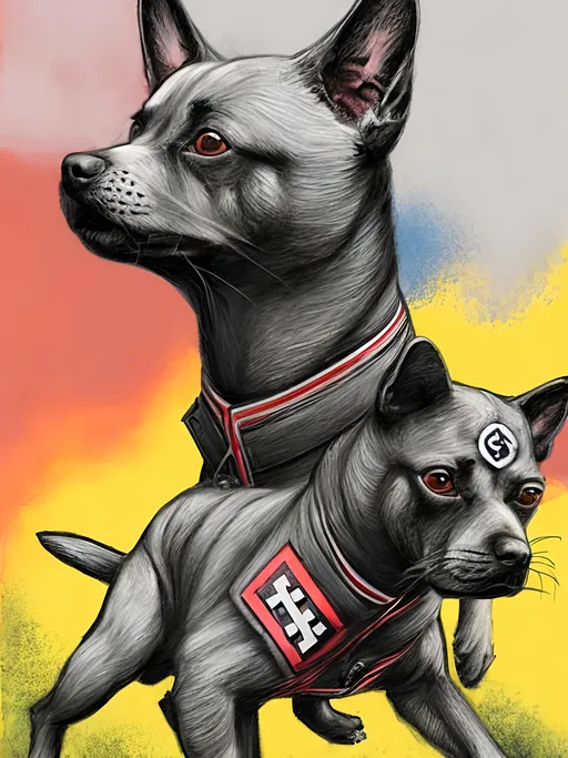 Prompt: pop art chalk pastel art of detailed dogs wearing nazi uniforms playing in the streets in japan during a festival, sketch, detailed background, highres, fun atmosphere, natural lighting,  abstract, fun