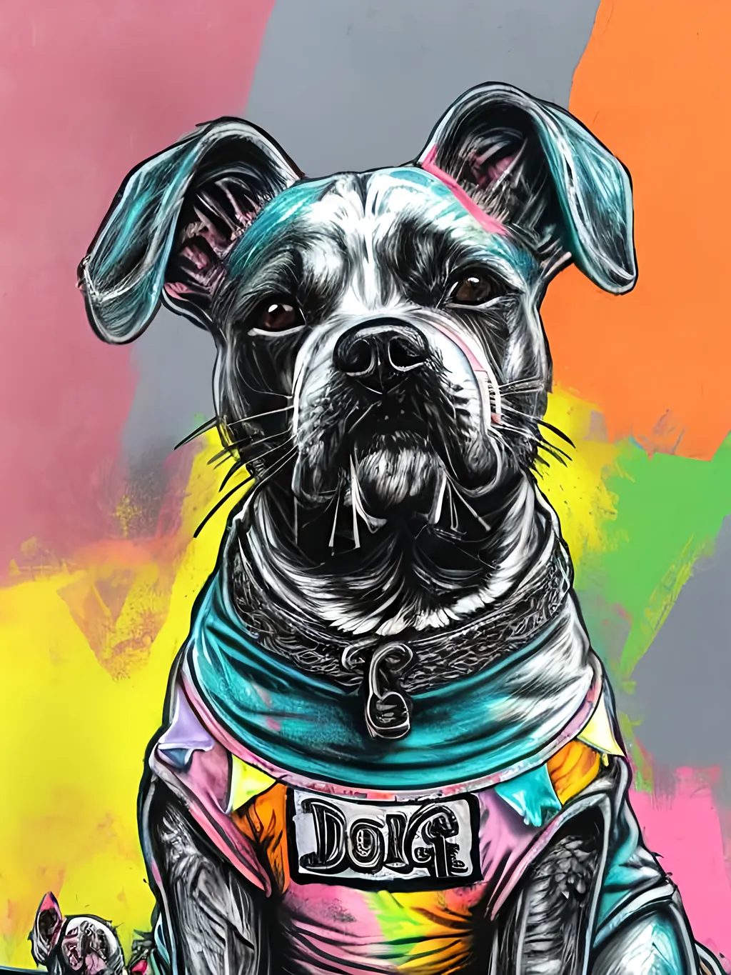 Prompt: pop art chalk pastel art of detailed dogs wearing gangster clothes playing in the streets in japan during a festival, sketch, detailed background, highres, fun atmosphere, natural lighting,  abstract, fun