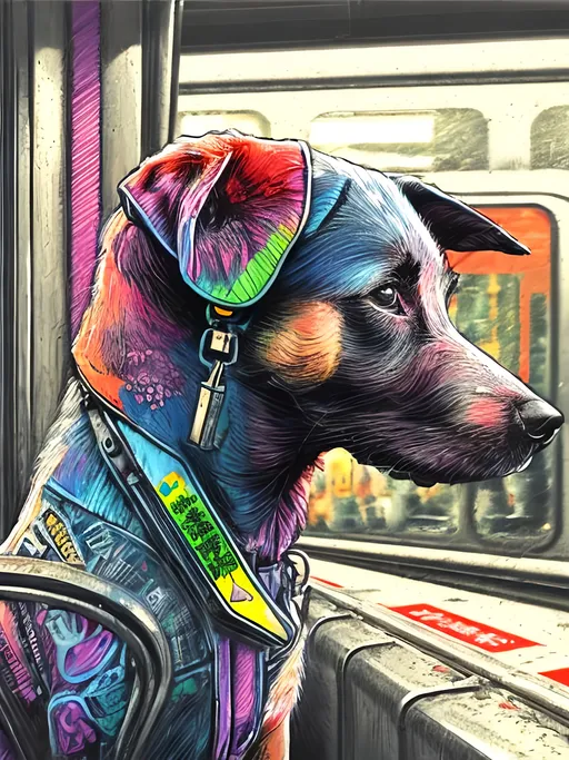 Prompt: pop art chalk pastel art of detailed dog on a train in cyberpunk japan during a festival, sketch, detailed background, highres, fun atmosphere, natural lighting,  abstract, fun