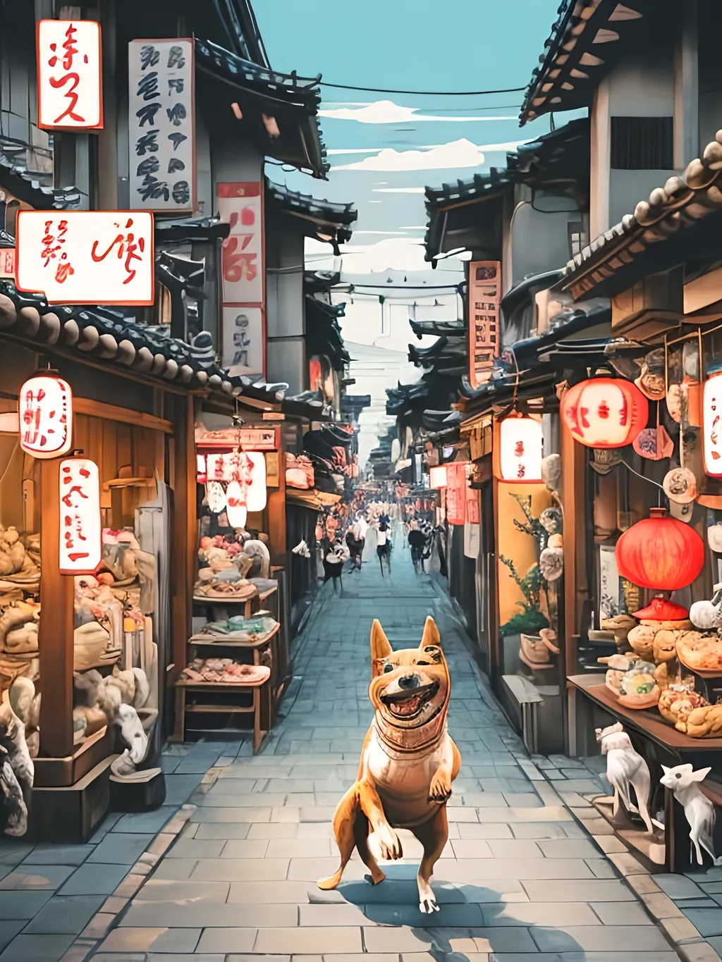 Prompt: chalk pastel style of a detailed dog dancing in the streets in japan during a festival, sketch, detailed background, highres, fun atmosphere, natural lighting,  abstract, fun