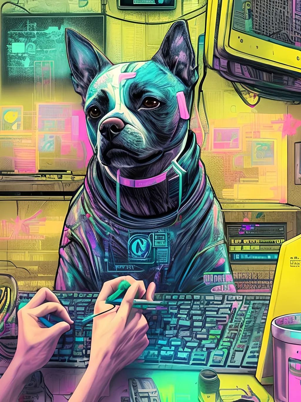 Prompt: pop art chalk pastel art of detailed dog hacking computers in cyberpunk japan, sketch, detailed background, highres, fun atmosphere, natural lighting,  abstract, fun