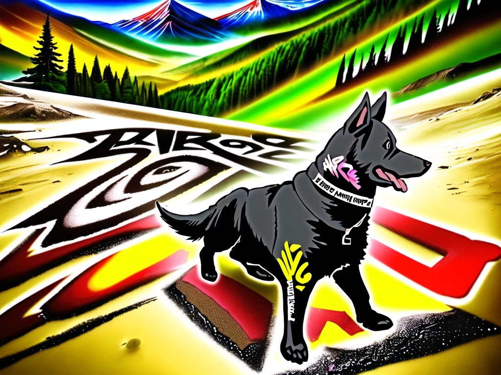 Prompt: Mountain cur black dog in redneck clothing graffiti art style