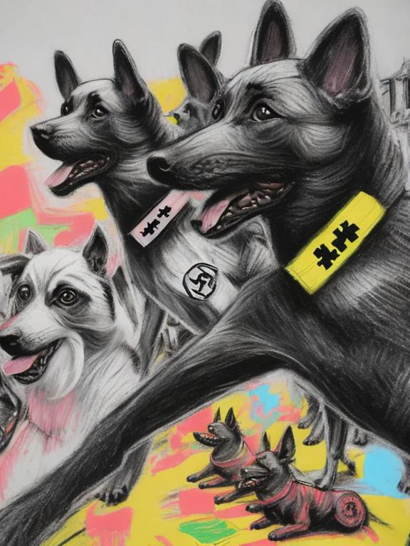 Prompt: pop art chalk pastel art of detailed dogs wearing nazi uniforms playing in the streets in japan during a festival, sketch, detailed background, highres, fun atmosphere, natural lighting,  abstract, fun