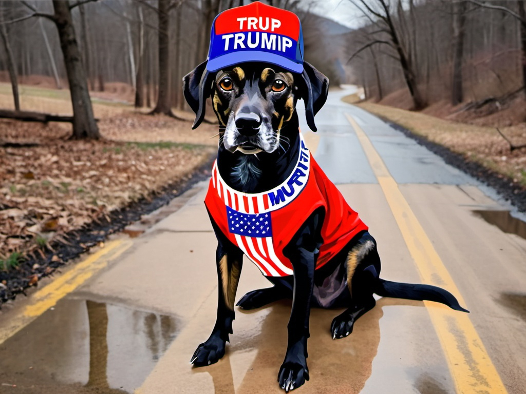 Prompt: Mountain cur black dog in pro trump clothing abstract art style