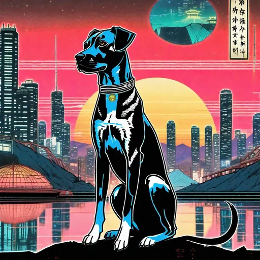 Prompt: black mountain cur dogs in cyberpunk hiroshige