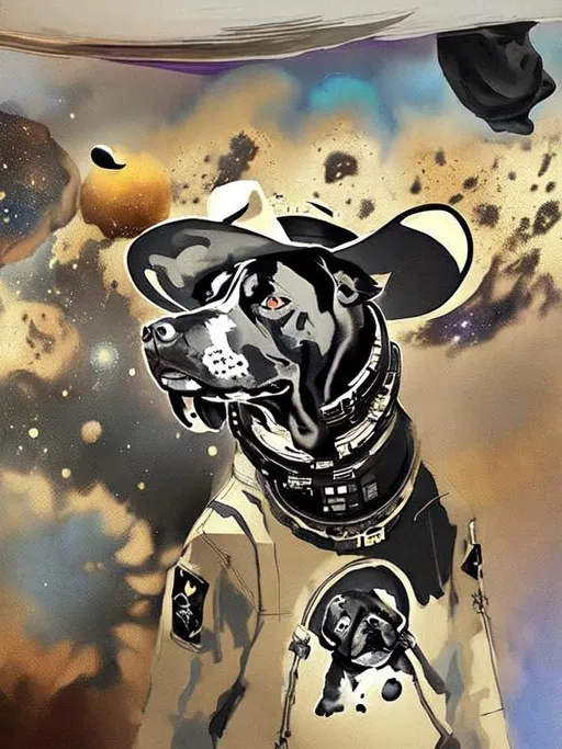 Prompt: Surrealism black dogs in cowboy outfits in space, abstract art style, cowboy hat, fun atmosphere, floating celestial bodies, mysterious nebulae, dreamlike, surreal, high contrast, otherworldly, abstract, space, astronaut, fun atmosphere, celestial bodies, dreamlike, surreal, high contrast, mysterious, nebulae, dogs, Pro trump clothing