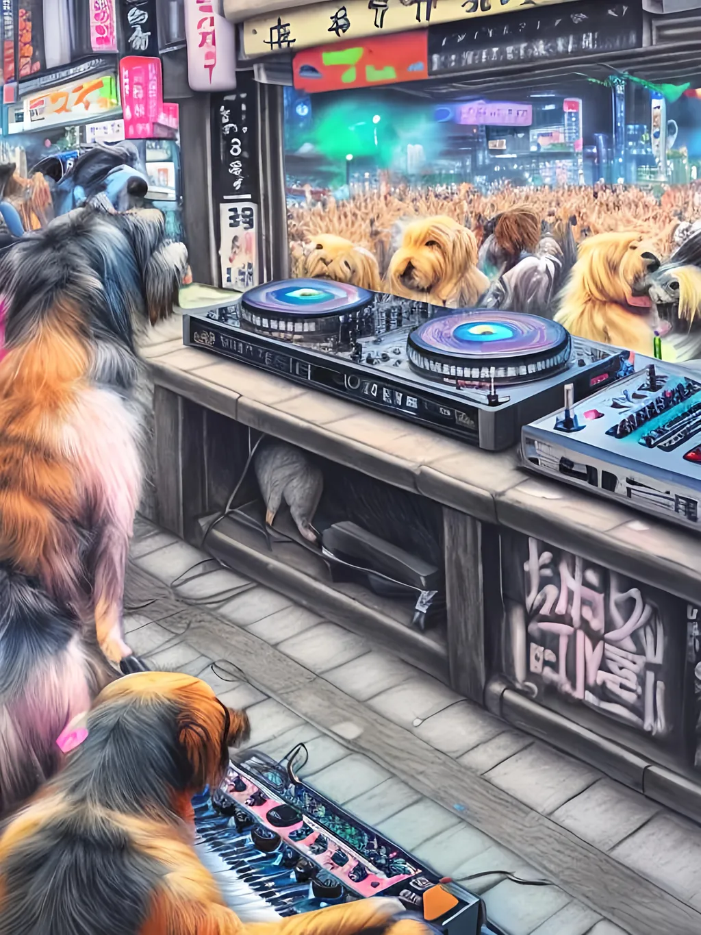 Prompt: chalk pastel art of detailed dog DJing in the streets in Japan during a festival, sketch, detailed background, highres, fun atmosphere, natural lighting,  abstract, fun