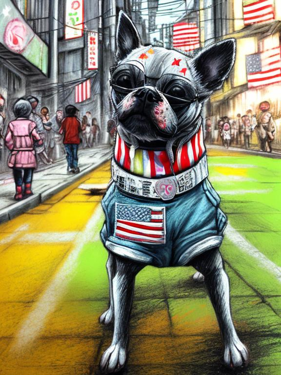 Prompt: pop art chalk pastel art of detailed dog wearing usa clothes playing in the streets in dystopian japan during a festival, sketch, detailed background, highres, fun atmosphere, natural lighting,  abstract, fun