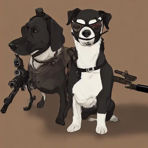 Prompt: black mountain cur dog dressed as yakuza holding a sniper rifle