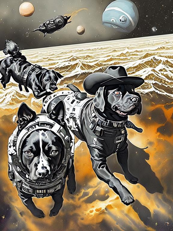 Prompt: Surrealism black dogs in gangster outfits in space, abstract art style, cowboy hat, fun atmosphere, floating celestial bodies, mysterious nebulae, dreamlike, surreal, high contrast, otherworldly, abstract, space, astronaut, fun atmosphere, celestial bodies, dreamlike, surreal, high contrast, mysterious, nebulae, dogs, usa, patriotic, trump