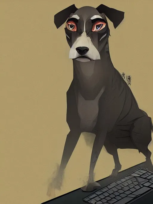 Prompt: all black mountain cur dog dressed as yakuza working on a computer in an office