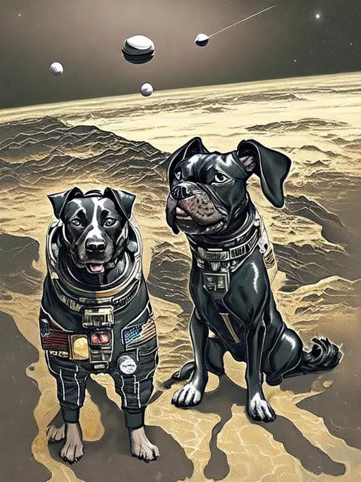 Prompt: Surrealism black dogs in trump outfits in space, abstract art style, cowboy hat, fun atmosphere, floating celestial bodies, mysterious nebulae, dreamlike, surreal, high contrast, otherworldly, abstract, space, astronaut, fun atmosphere, celestial bodies, dreamlike, surreal, high contrast, mysterious, nebulae, dogs, usa