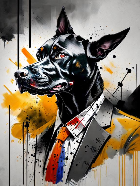 Prompt: surreal, Abstract art of a black dogs in gangster clothes, graffiti, streets, patriotic, detailed, atmospheric lighting, battle in the background, highres, abstract, gangster, detailed clothing, patriotic theme, streets, atmospheric lighting, dogs