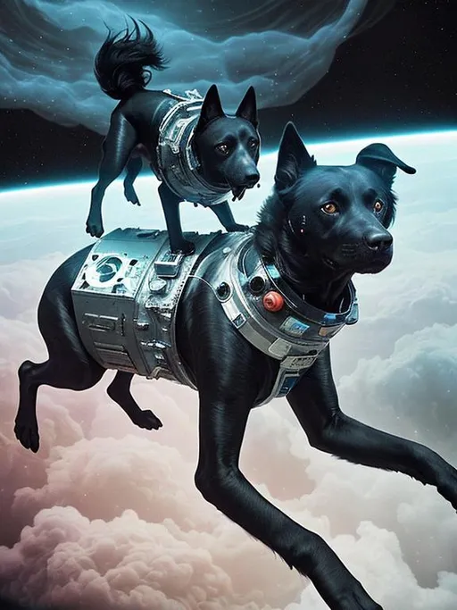 Prompt: Surrealism black dogs in astronaut outfits in space, abstract art style, eerie atmosphere, floating celestial bodies, mysterious nebulae, monochromatic palette, dreamlike, surreal, high contrast, otherworldly, abstract, space, astronaut, eerie atmosphere, celestial bodies, dreamlike, surreal, high contrast, mysterious, nebulae, dogs