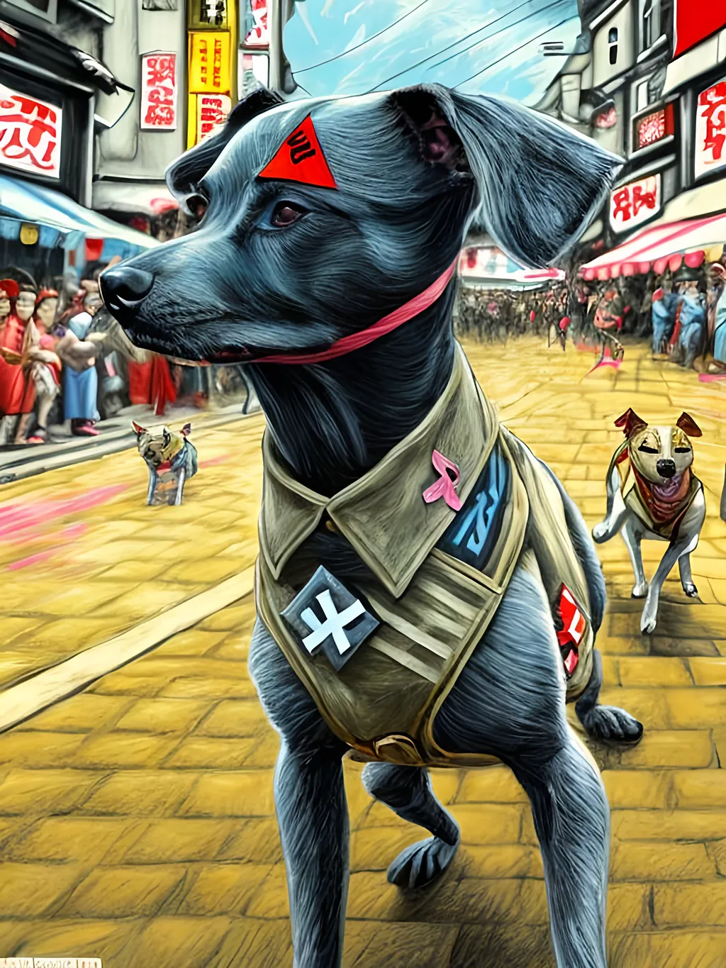 Prompt: pop art chalk pastel art of detailed dogs wearing nazi uniforms playing in the streets in japan during a festival, sketch, detailed background, highres, fun atmosphere, natural lighting,  abstract, fun