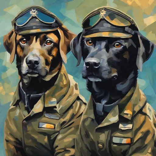 Prompt: mountain cur black dogs in pilot uniform abstract art