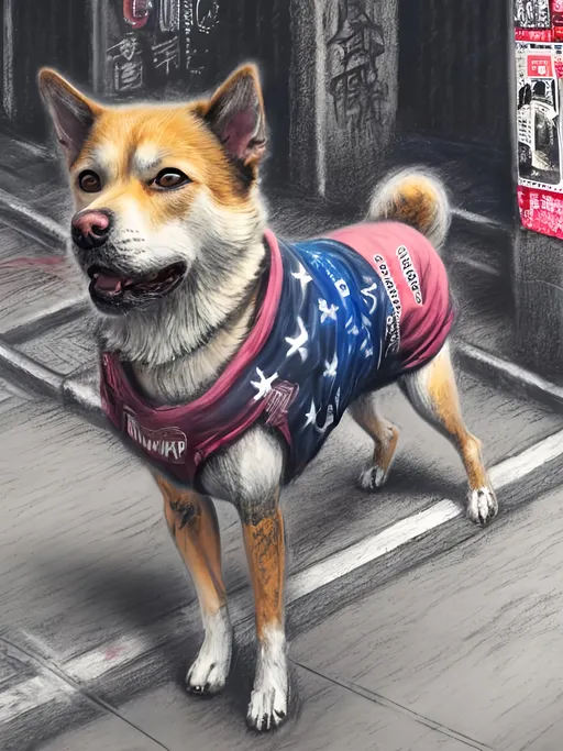 Prompt: A detailed chalk pastel of a dog wearing Trump clothes on the streets of cyberpunk toyko japan, high res, natural lighting, fun atmosphere, grunge