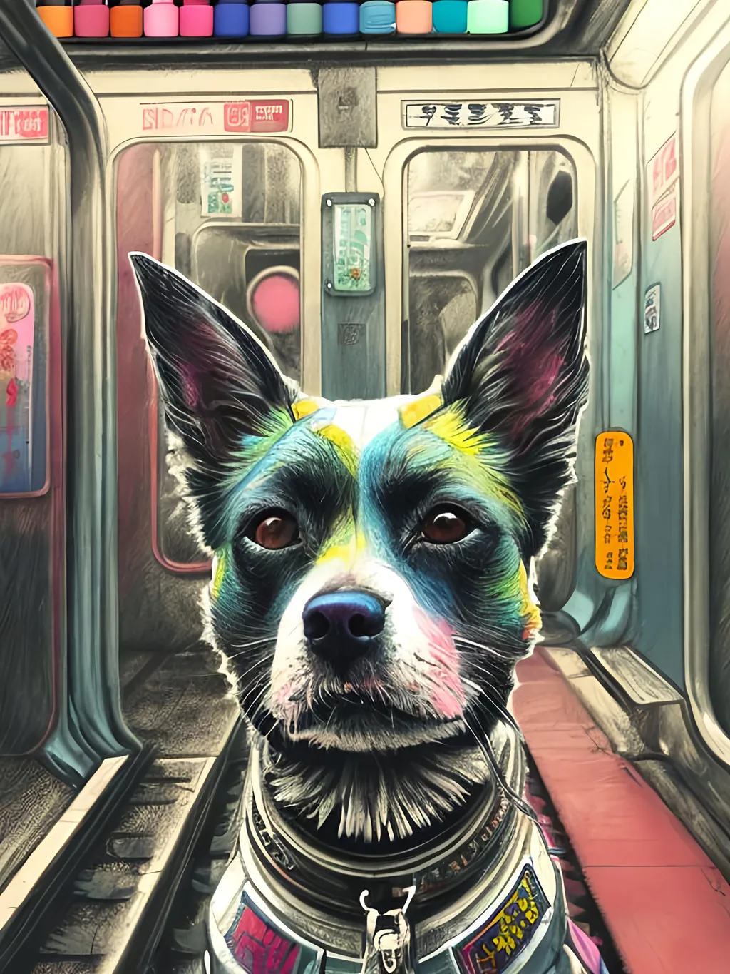 Prompt: pop art chalk pastel art of detailed dog on a train in cyberpunk japan during a festival, sketch, detailed background, highres, fun atmosphere, natural lighting,  abstract, fun