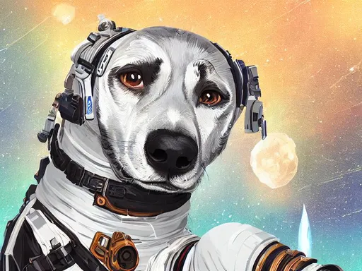 Prompt: black mountain cur dogs in space dressed in nasa uniforms
