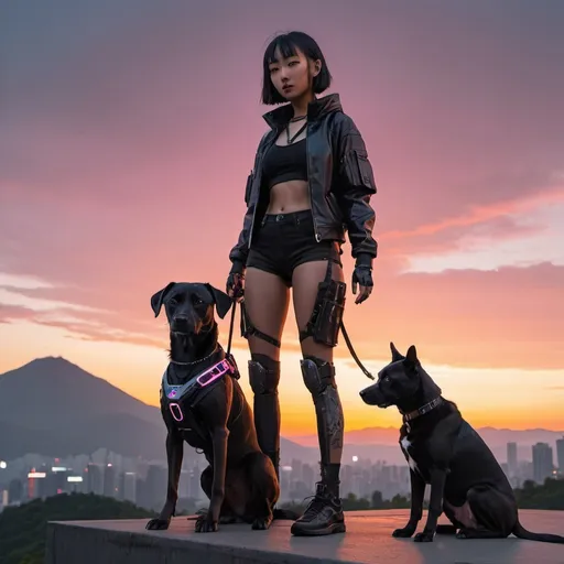 Prompt: sunset cyberpunk with mountain cur black dog no tail and korean girl