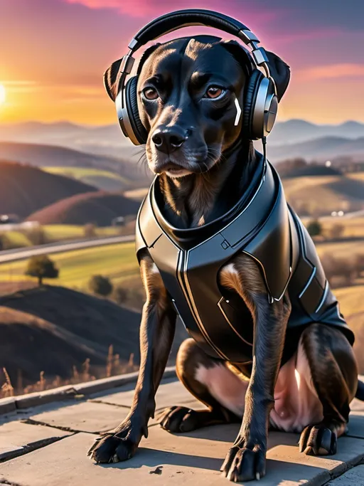 Prompt: all black mountain cur dog cyber punk ninja with headphones in sun set