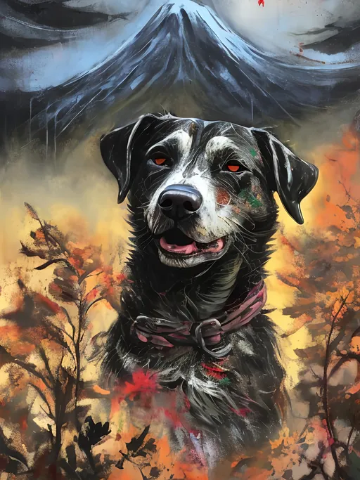 Prompt: Detailed mountain cur all black dog at a japanese haunted house, pop art chalk pastel, grunge, highres, abstract, natural lighting, lively atmosphere, fun, vibrant, happy-go-lucky, detailed dogs, detailed eyes, detailed fur, festive, flying, post-apocalyptic, Japan, chalk pastel, detailed background, grunge style, abstract art, high quality, natural lighting