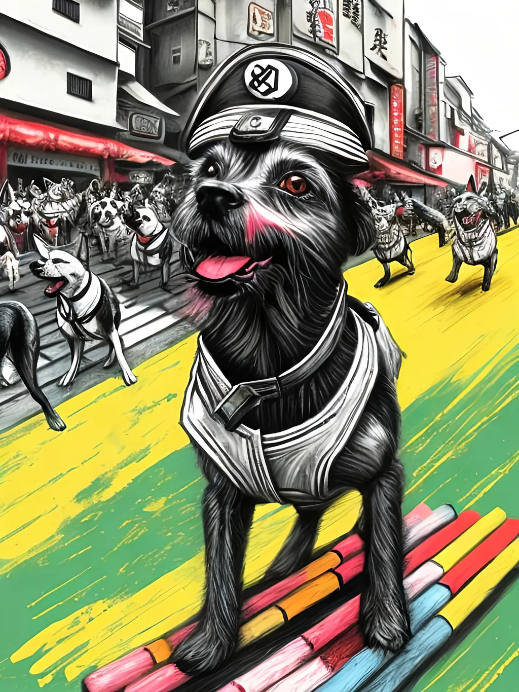 Prompt: pop art chalk pastel art of detailed dogs wearing nazi uniforms playing in the streets in japan during a festival, sketch, detailed background, highres, fun atmosphere, natural lighting,  abstract, fun