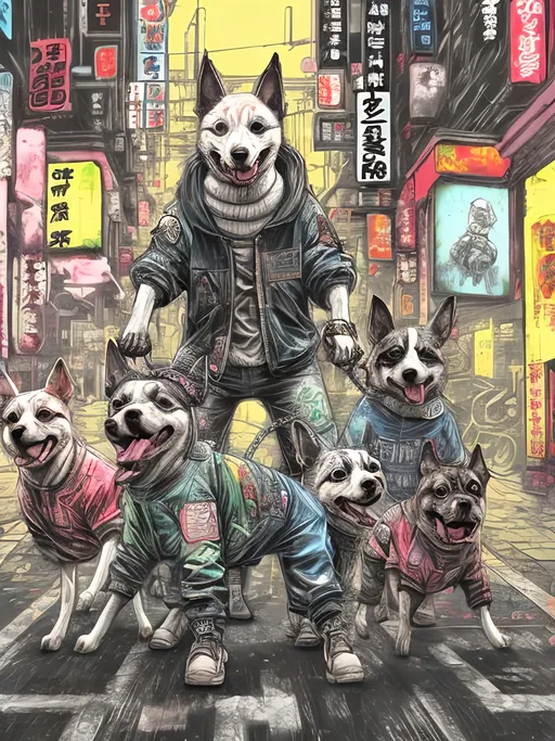 Prompt: pop art chalk pastel art of detailed dogs wearing gangster clothes playing in the streets in cyberpunk japan during a festival, sketch, detailed background, highres, fun atmosphere, natural lighting,  abstract, fun