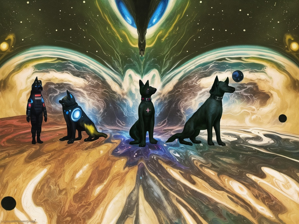 Prompt: Surrealism art, black dogs in astronaut outfits, space background, surrealistic, abstract, detailed fur, cosmic colors, dreamlike atmosphere, high quality, surrealism, astronaut dogs, abstract art, cosmic, detailed, surreal colors, space setting, dreamy lighting