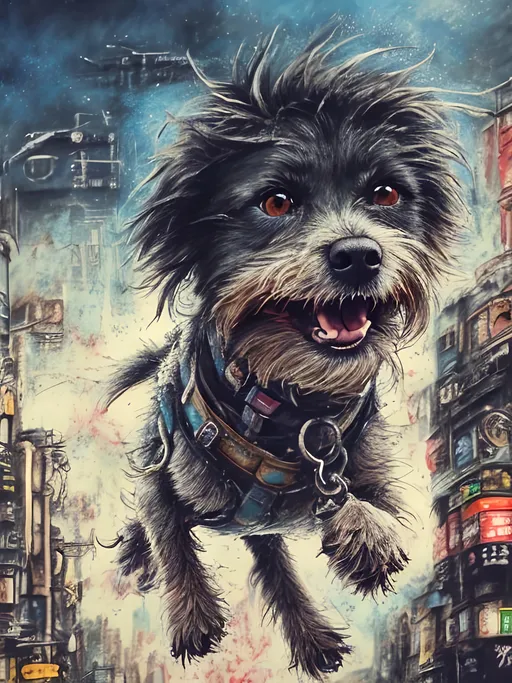 Prompt: Detailed happy dog flying, post-apocalyptic Japan festival, sketch, chalk pastel, detailed planes, grunge, highres, abstract, natural lighting, lively atmosphere, fun, vibrant, happy-go-lucky, detailed dogs, detailed eyes, detailed fur, festive, flying, post-apocalyptic, Japan, sketch art, chalk pastel, detailed background, grunge style, abstract art, high quality, natural lighting