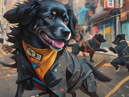 Prompt: black dog wearing ninja clothes having fun in the streets with a battle in the background, dogs, abstract art, Screen print, digital art, 8k resolution trending on Artstation, golden ratio, akira, rule of thirds, geometric bauhaus, Studio Ghibli, Anime Key Visual, by Makoto Shinkai, Deep Color, Intricate, 8k resolution concept art, Natural Lighting, Beautiful Composition