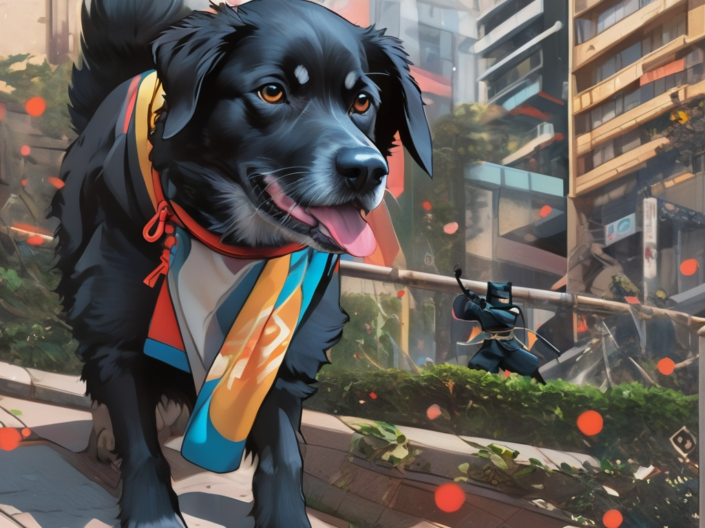 Prompt: black dog wearing ninja clothes having fun in the streets with a battle in the background, dogs, abstract art, Screen print, digital art, 8k resolution trending on Artstation, golden ratio, akira, rule of thirds, geometric bauhaus, Studio Ghibli, Anime Key Visual, by Makoto Shinkai, Deep Color, Intricate, 8k resolution concept art, Natural Lighting, Beautiful Composition