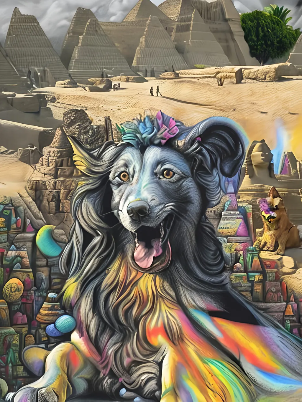 Prompt: pop art chalk pastel art of detailed dog as the sphinx in egypt, sketch, detailed background, highres, fun atmosphere, natural lighting,  abstract, fun