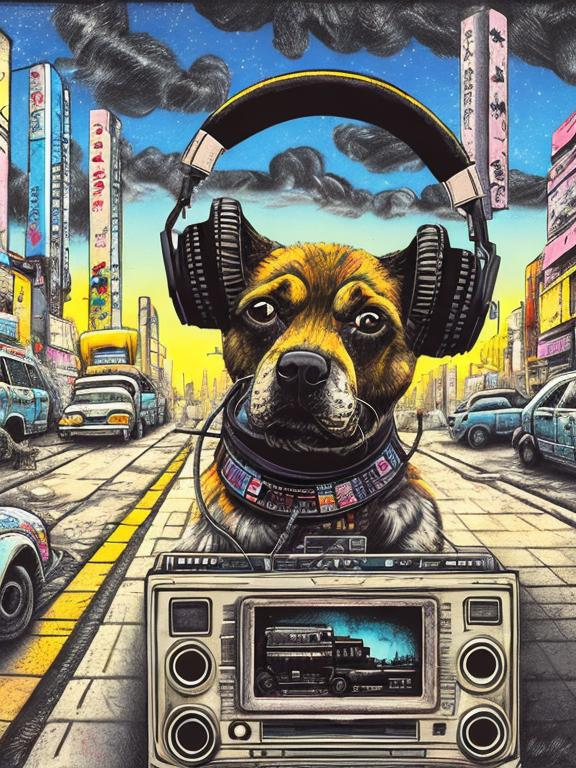 Prompt: pop art chalk pastel art of a detailed dog listening to music on a tape player on the streets in post-apocalyptic Japan during a festival with planes in the background, sketch, detailed background, highres, fun atmosphere, natural lighting,  abstract, fun