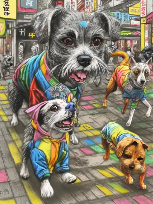 Prompt: pop art chalk pastel art of detailed dogs wearing clothes playing in the streets in japan during a festival, sketch, detailed background, highres, fun atmosphere, natural lighting,  abstract, fun